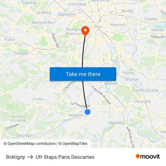 Brétigny to Ufr Staps Paris Descartes map