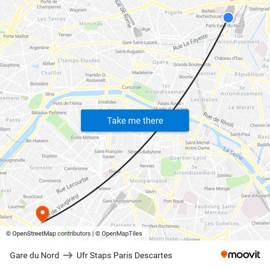 Gare du Nord to Ufr Staps Paris Descartes map