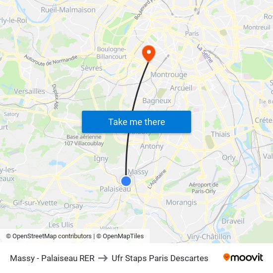 Massy - Palaiseau RER to Ufr Staps Paris Descartes map