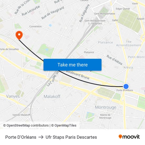 Porte D'Orléans to Ufr Staps Paris Descartes map