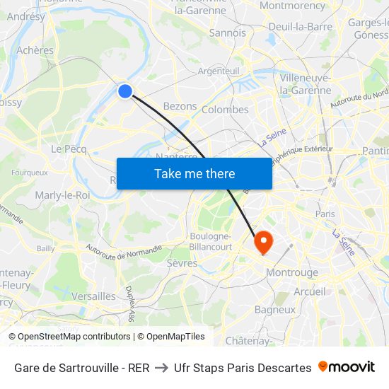 Gare de Sartrouville - RER to Ufr Staps Paris Descartes map