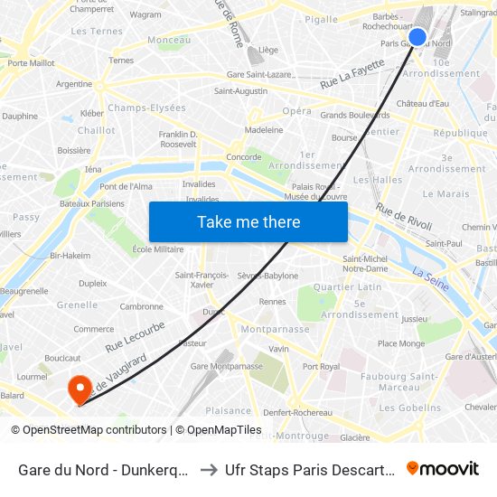 Gare du Nord - Dunkerque to Ufr Staps Paris Descartes map
