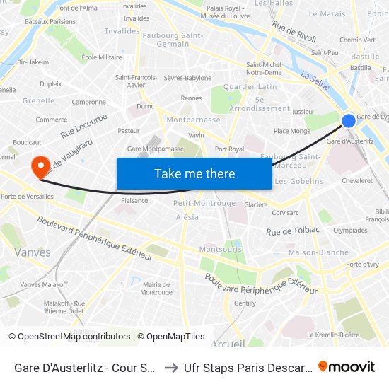 Gare D'Austerlitz - Cour Seine to Ufr Staps Paris Descartes map