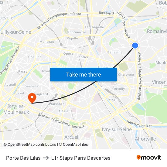 Porte Des Lilas to Ufr Staps Paris Descartes map
