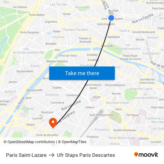 Paris Saint-Lazare to Ufr Staps Paris Descartes map