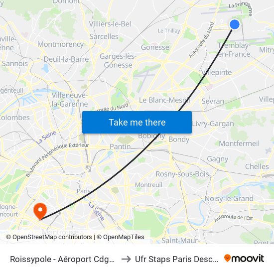 Roissypole - Aéroport Cdg1 (G1) to Ufr Staps Paris Descartes map