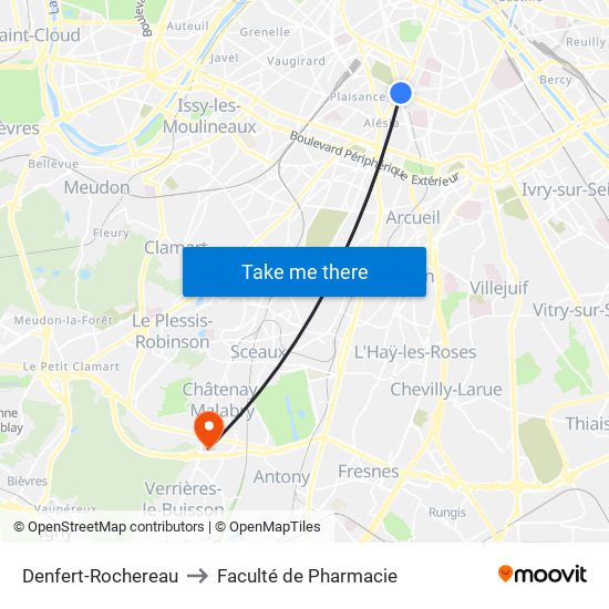 Denfert-Rochereau to Faculté de Pharmacie map