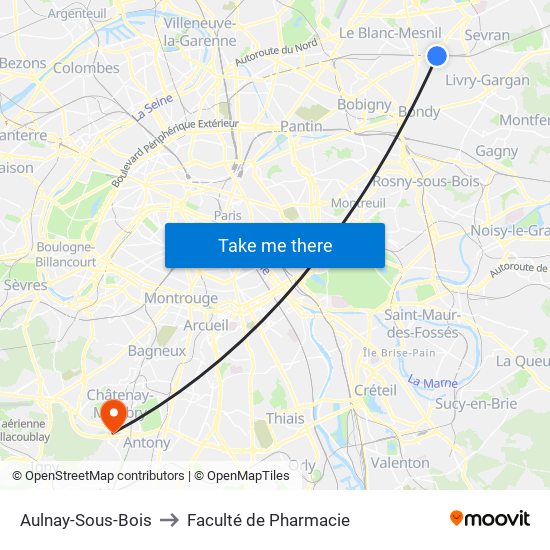 Aulnay-Sous-Bois to Faculté de Pharmacie map