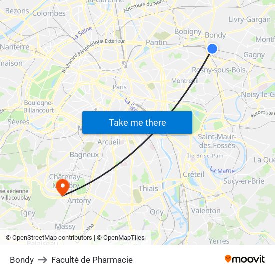 Bondy to Faculté de Pharmacie map
