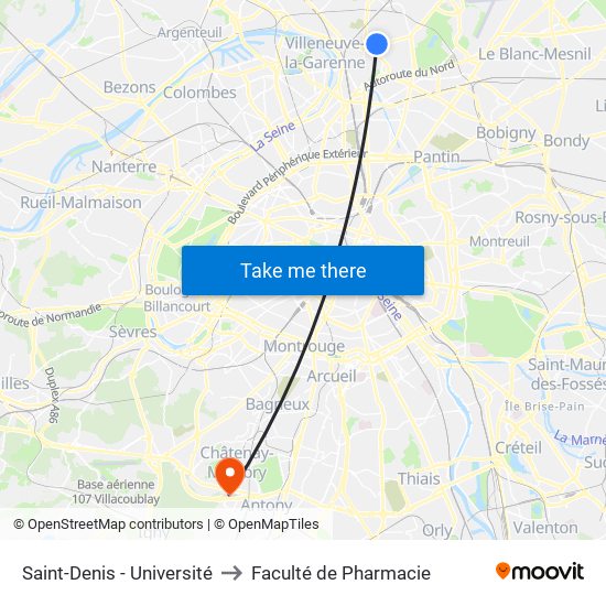 Saint-Denis - Université to Faculté de Pharmacie map