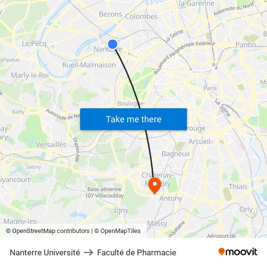 Nanterre Université to Faculté de Pharmacie map