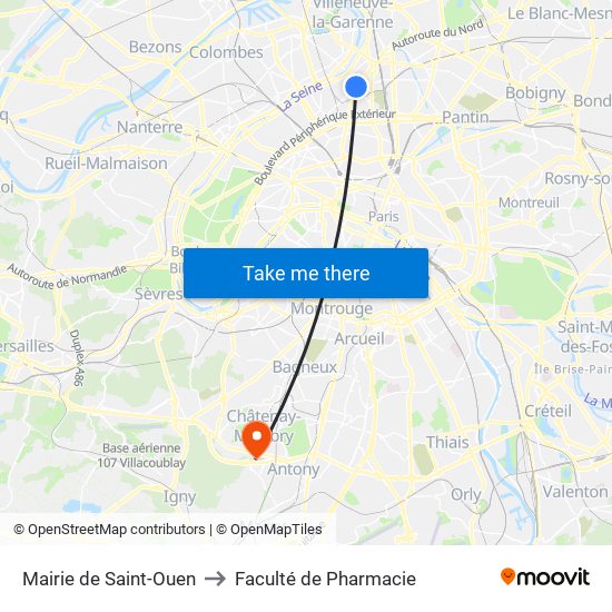 Mairie de Saint-Ouen to Faculté de Pharmacie map