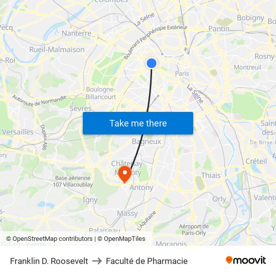 Franklin D. Roosevelt to Faculté de Pharmacie map