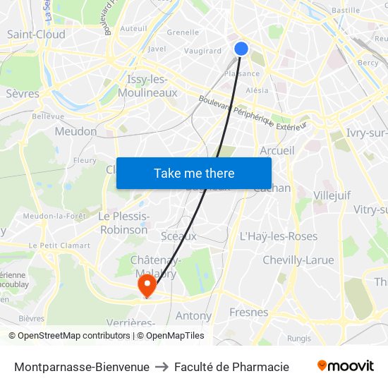 Montparnasse-Bienvenue to Faculté de Pharmacie map