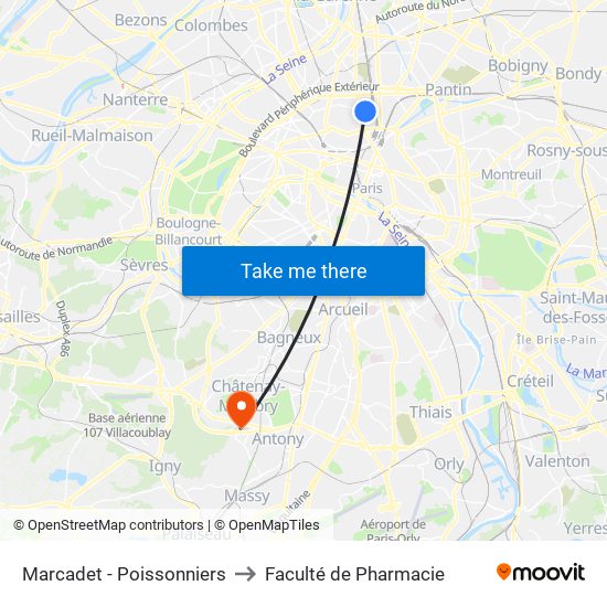Marcadet - Poissonniers to Faculté de Pharmacie map