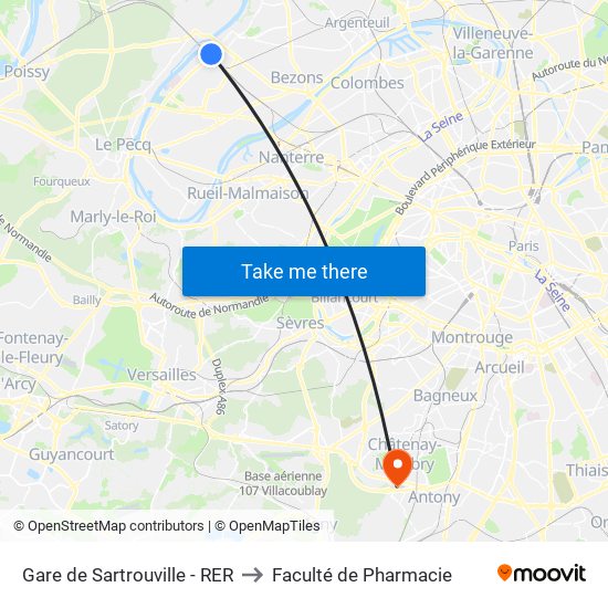 Gare de Sartrouville - RER to Faculté de Pharmacie map