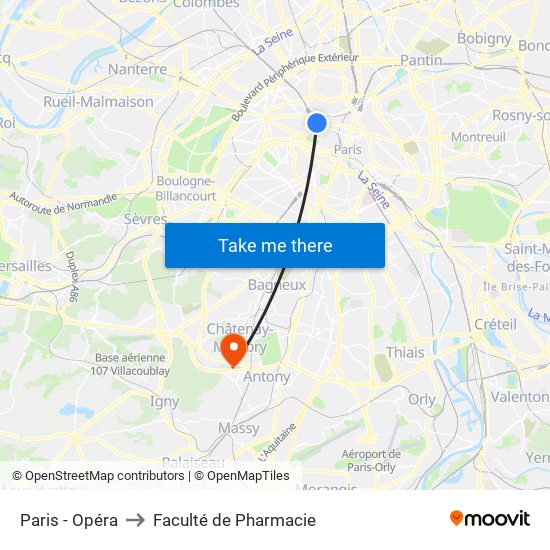 Paris - Opéra to Faculté de Pharmacie map