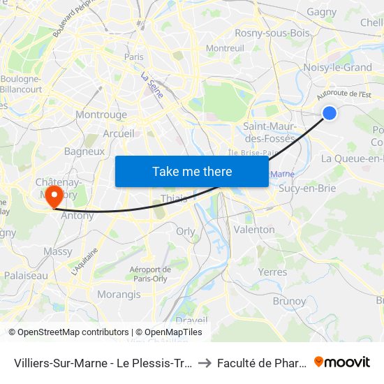 Villiers-Sur-Marne - Le Plessis-Trévise RER to Faculté de Pharmacie map