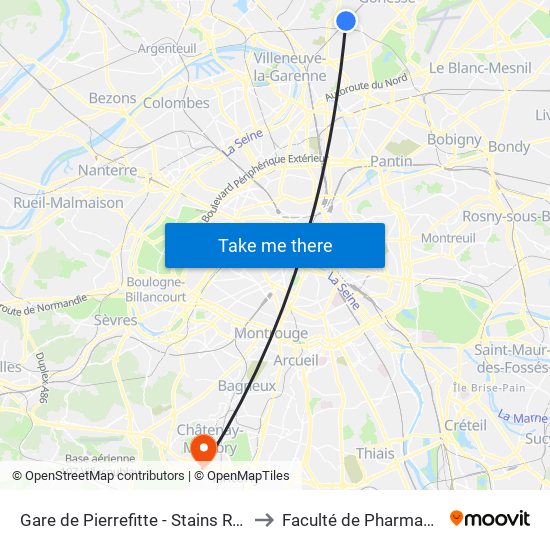 Gare de Pierrefitte - Stains RER to Faculté de Pharmacie map