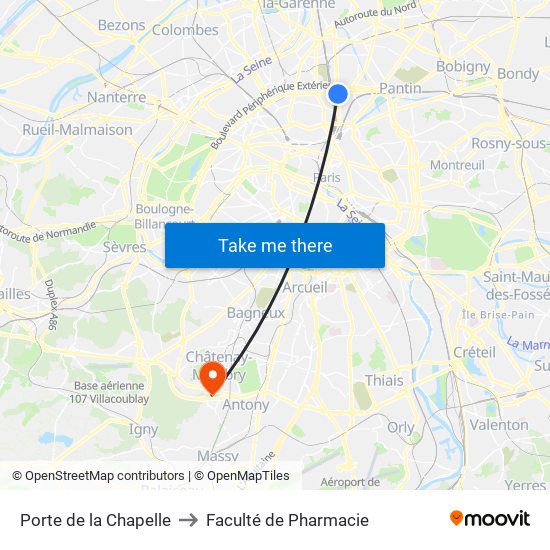 Porte de la Chapelle to Faculté de Pharmacie map