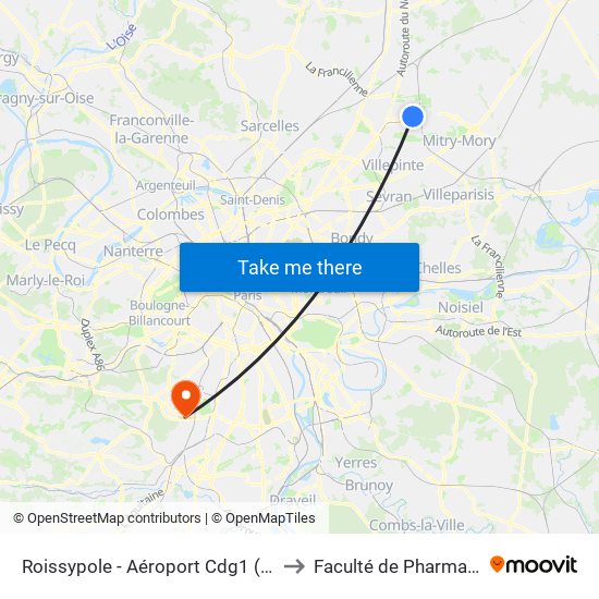 Roissypole - Aéroport Cdg1 (D1) to Faculté de Pharmacie map