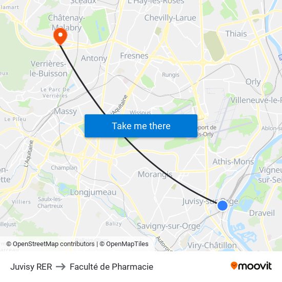 Juvisy RER to Faculté de Pharmacie map