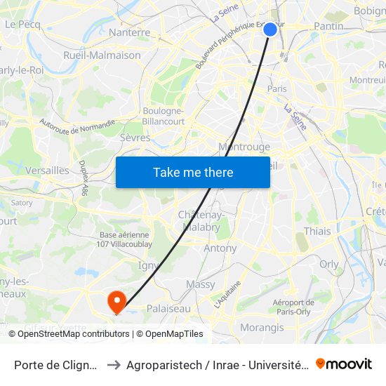 Porte de Clignancourt to Agroparistech / Inrae - Université Paris-Saclay map