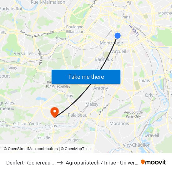 Denfert-Rochereau - Métro-Rer to Agroparistech / Inrae - Université Paris-Saclay map