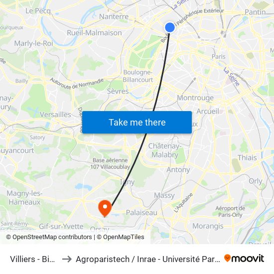 Villiers - Bineau to Agroparistech / Inrae - Université Paris-Saclay map