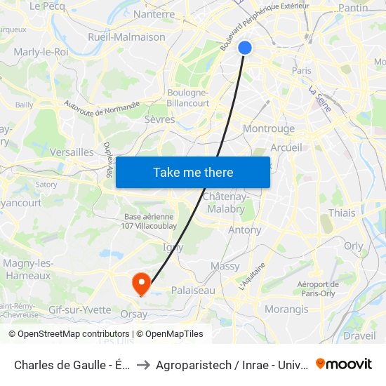 Charles de Gaulle - Étoile - Wagram to Agroparistech / Inrae - Université Paris-Saclay map