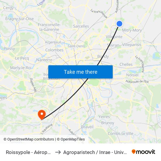 Roissypole - Aéroport Cdg1 (G1) to Agroparistech / Inrae - Université Paris-Saclay map