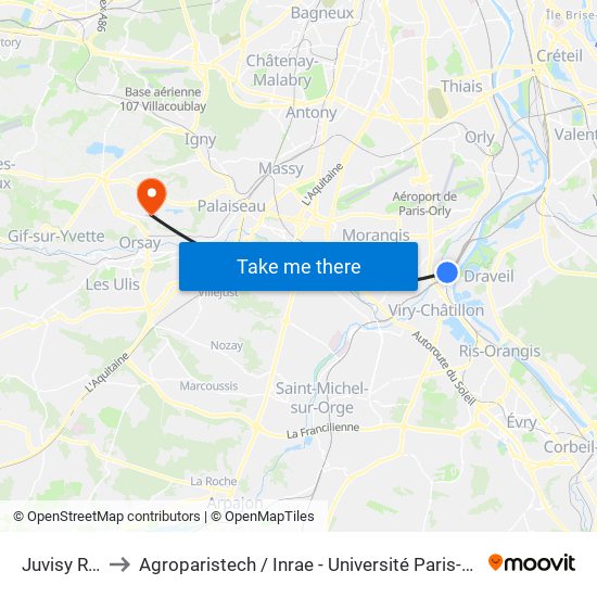 Juvisy RER to Agroparistech / Inrae - Université Paris-Saclay map