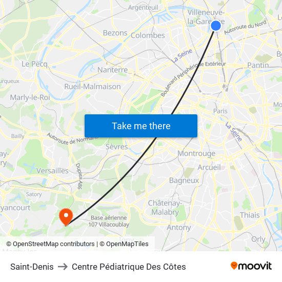 Saint-Denis to Centre Pédiatrique Des Côtes map