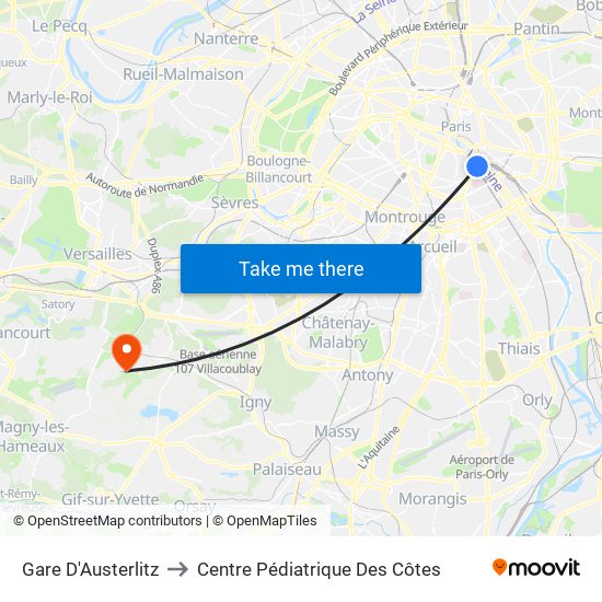 Gare D'Austerlitz to Centre Pédiatrique Des Côtes map