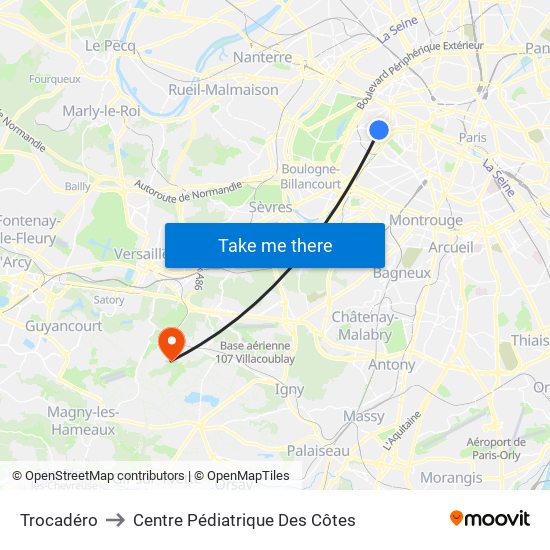 Trocadéro to Centre Pédiatrique Des Côtes map