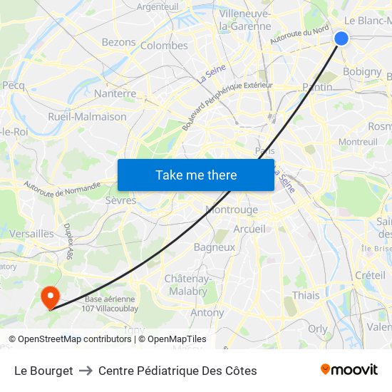 Le Bourget to Centre Pédiatrique Des Côtes map