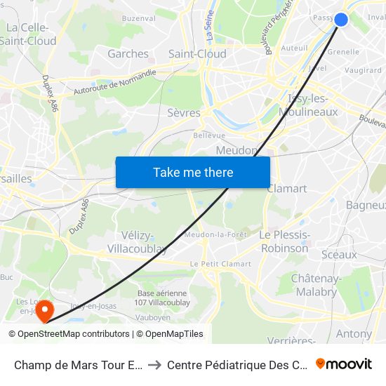 Champ de Mars Tour Eiffel to Centre Pédiatrique Des Côtes map
