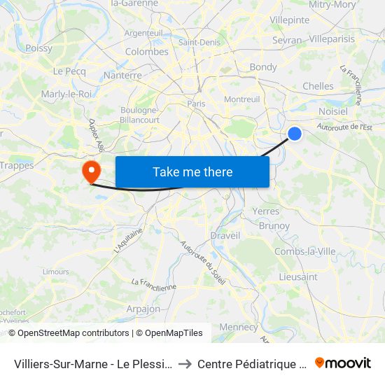 Villiers-Sur-Marne - Le Plessis-Trévise RER to Centre Pédiatrique Des Côtes map