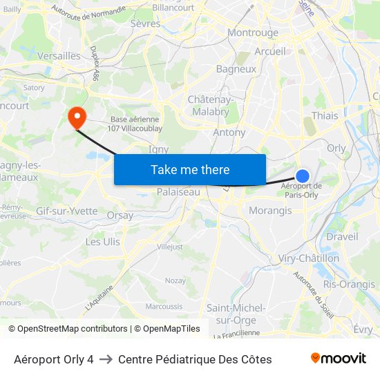 Aéroport Orly 4 to Centre Pédiatrique Des Côtes map