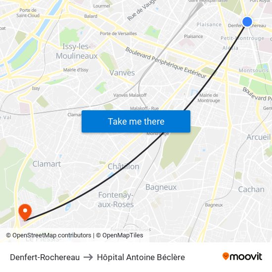 Denfert-Rochereau to Hôpital Antoine Béclère map