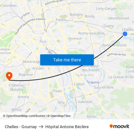 Chelles - Gournay to Hôpital Antoine Béclère map