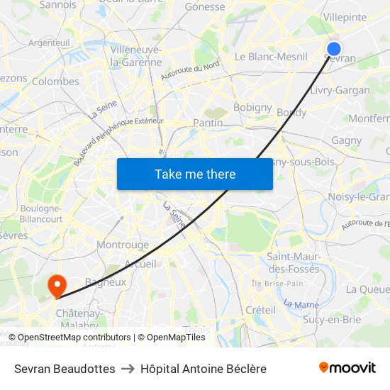 Sevran Beaudottes to Hôpital Antoine Béclère map