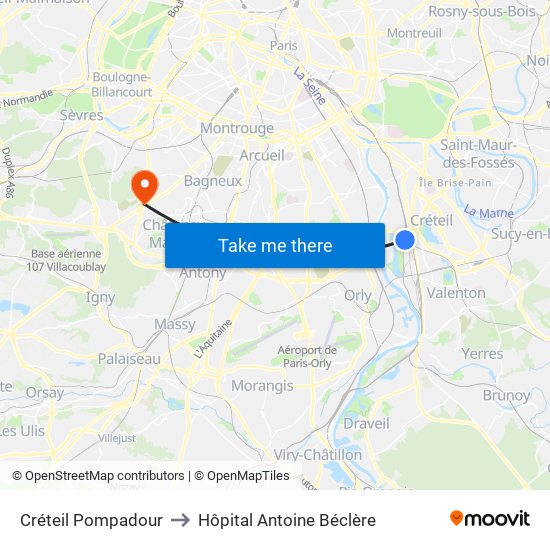 Créteil Pompadour to Hôpital Antoine Béclère map