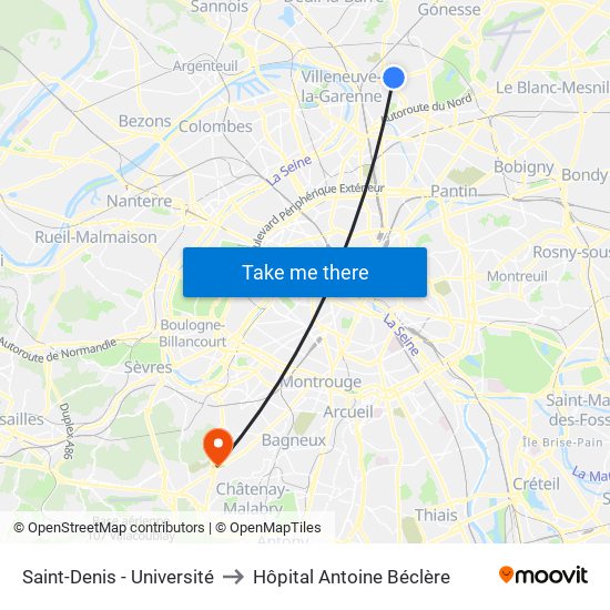 Saint-Denis - Université to Hôpital Antoine Béclère map