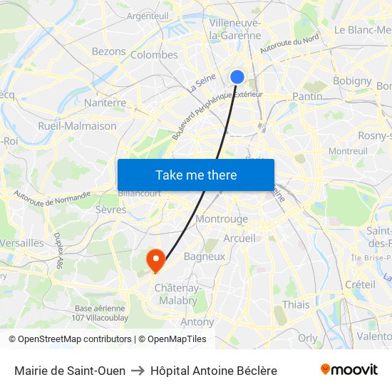 Mairie de Saint-Ouen to Hôpital Antoine Béclère map