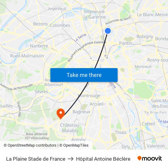 La Plaine Stade de France to Hôpital Antoine Béclère map