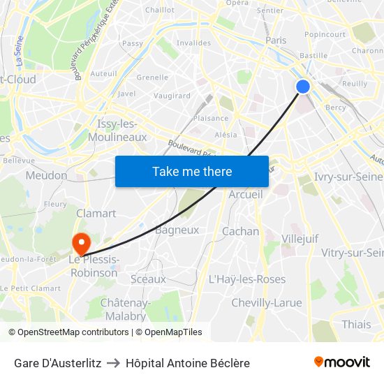 Gare D'Austerlitz to Hôpital Antoine Béclère map