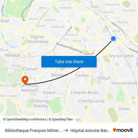 Bibliothèque François Mitterrand to Hôpital Antoine Béclère map