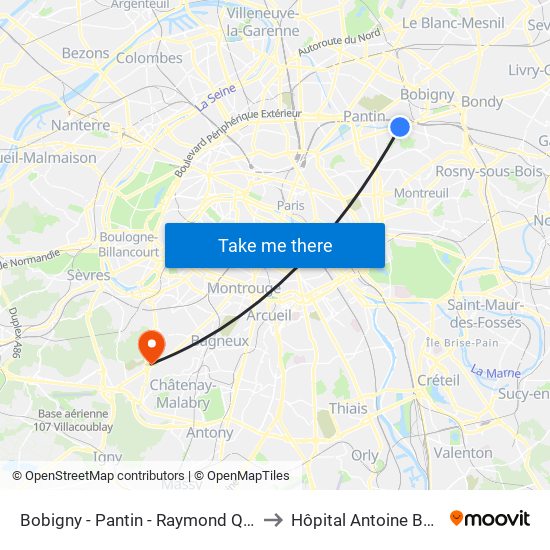 Bobigny - Pantin - Raymond Queneau to Hôpital Antoine Béclère map