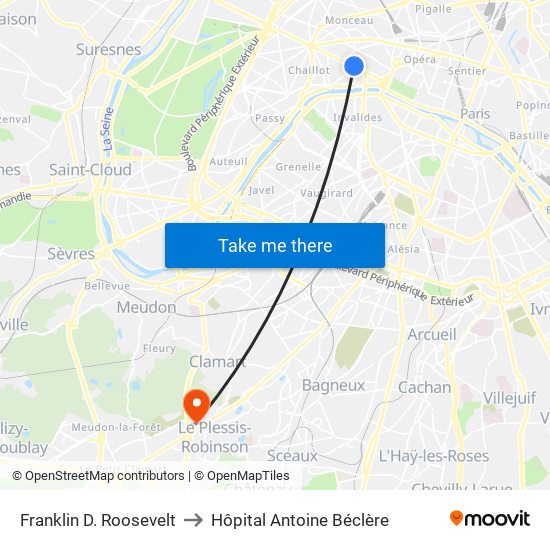 Franklin D. Roosevelt to Hôpital Antoine Béclère map